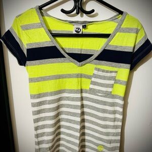 Women’s Striped V-Neck Tee with Pocket - Neon Yellow, Navy & Gray